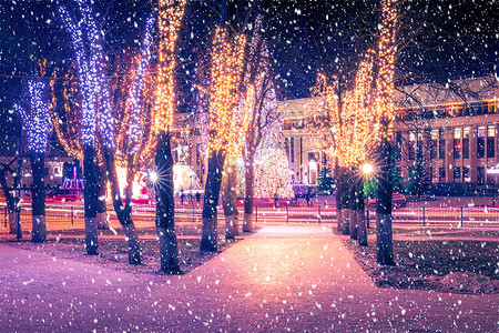 冬季夜间公园下雪 有圣诞节装饰品 灯光 铺满雪和树木的行人道人行道灯笼城市胡同季节场景装饰冻结公共公园彩灯背景图片