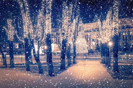 冬季夜间公园下雪 有圣诞节装饰品 灯光 铺满雪和树木的行人道冻结季节路灯天气降雪胡同场景人行道路面公共公园背景图片