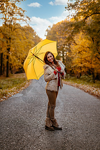 公园秋季叶子快乐微笑乐趣季节幸福森林黄色享受背景图片