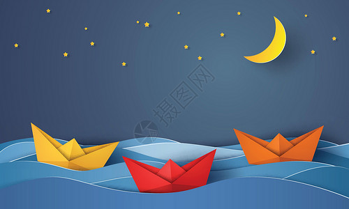 夜间航行在蓝色海洋中的折纸船 纸艺万能背景图片