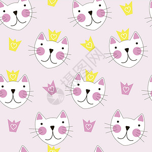 可爱的手绘猫与皇冠无缝图案背景家庭动物插图微笑喜悦涂鸦潮人白色黑色艺术背景图片