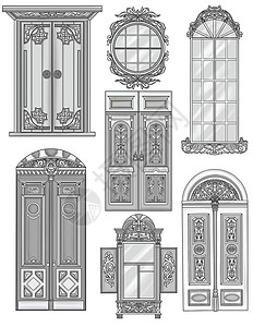 不同的门窗经典设计无色线条图 老式木门和玻璃窗框雕刻设计着色书页背景图片