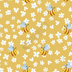 养蜂业与蜜蜂在彩色花卉背景上的无缝模式 小黄蜂 矢量图 可爱的卡通人物 邀请卡纺织面料的模板设计 涂鸦样式样本卡通片昆虫吉祥物蜂巢翅膀插画