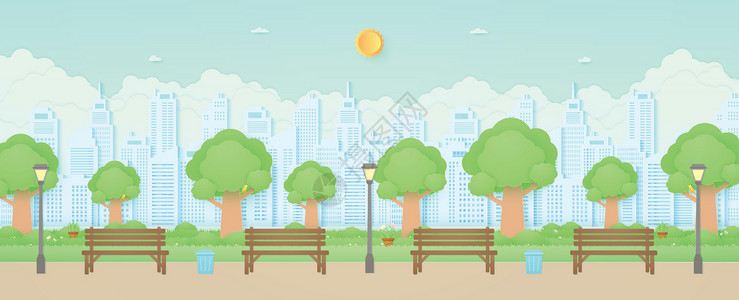 庄行镇花园里的木凳路灯和垃圾桶 树枝盆栽上有树鸟 草地上有花城市景观建筑背景纸艺术风格设计图片