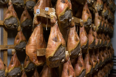 尼日尼亚2018年5月2日 意大利波洛尼亚火腿工厂的熏肉猪肉金融熏制劳动养护熟食经济火腿存储制造业背景