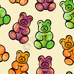 黄色背景上彩色泰迪熊形式的甜果冻糖果无缝图案的数字插图甜蜜卡通片玩具打印包装纺织品装饰品墙纸绘画明胶背景图片