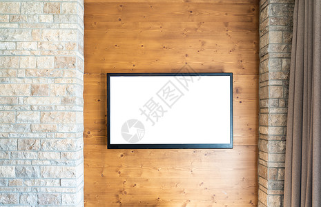 高清炫彩海报砖壁和木墙上装有复制空间的空白现代平式屏幕电视背景