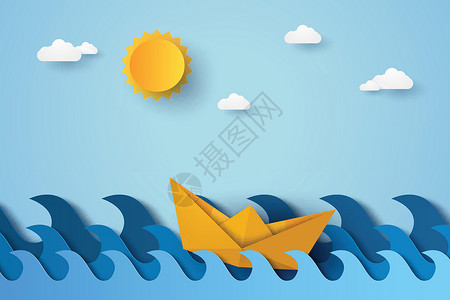 儿时折纸小船海洋中的蓝色波浪与船艺术风格工艺导航天空航行太阳海上生活海报冲浪卡片海啸设计图片