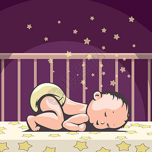 幸福睡颜小宝宝晚上睡在床上插画