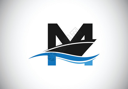 水信布丁带有船标志设计模板的大写字母 M海浪海洋运输货物艺术公司巡航车轮帆船导航插画
