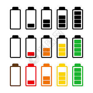 指示灯图标电池充电水平图标集 手机蓄电池电量指示灯符号 简单的平面设计 在白色上隔离的矢量图电话碱性指标手机界面收费力量插图充值技术插画