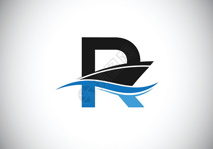 水信带有船标志设计模板的大写字母 R速度运动导航字体蓝色旅行运输旅游船运帆船插画