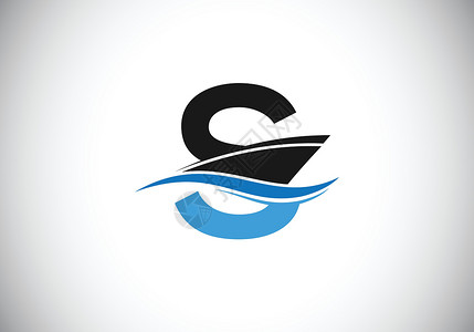 s216带有船标志设计模板的大写字母 S字体蓝色速度商业巡航假期字母艺术游艇插图插画