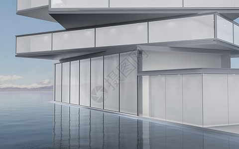 water3d 渲染上的现代概念建筑湖岸房子建造住宅建筑学玻璃财产别墅地面住房背景