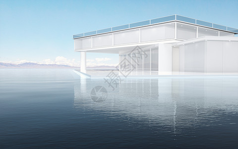water3d 渲染上的现代概念建筑反射灯光住房湖岸蓝色建造房子地面财产天空背景