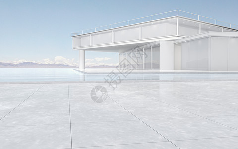 water3d 渲染上的现代概念建筑反射地面天空建造灯光住房湖岸财产住宅建筑学背景