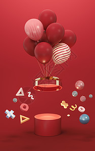 气球和礼物与红色 background3d 渲染喜庆惊喜展示庆典盒子纪念日漂浮产品横幅丝带背景图片