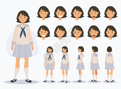 日本制服一组平面矢量字符日本女学生穿着制服 有各种观点卡通风格女性人物衣服女孩收藏插图情感社论角色卡通片插画