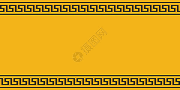 带有黑色民族装饰品矢量边框黄色和黑色希腊图案背景的黄板警告广告背景图片