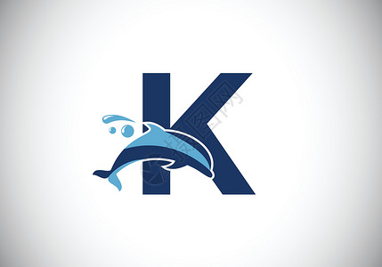 呷哺带有海豚标志设计的初始 K 单字字母表 水动物图标 字体标志 商业和公司身份的现代矢量标识插图冲浪蓝色生活运动潜水野生动物品牌哺插画