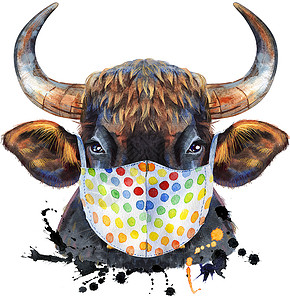 牛脸肉带有飞溅防护面具的黑色强大公牛的水彩画背景