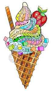 水蜜桃干蜜饯手绘多彩 zentangle 冰淇淋它制作图案绘画味道卡通片压力染色香草奶油小吃墨水页数插画