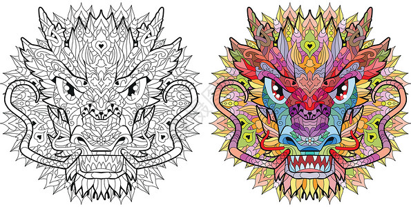 Zentangle 龙头与曼荼罗 手绘装饰矢量图 颜色和轮廓系列背景图片