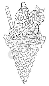 水蜜桃干蜜饯冰淇淋是用黑白轮廓绘制的 用于着色页晶圆草图蜜饯绘画插图墨水染色涂鸦香草压力插画