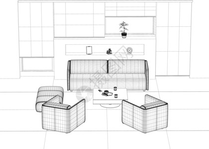 制作家具素材室内轮廓与扶手椅沙发和电视 用于放松的客房的线框  3D 它制作图案矢量住宅架子建筑学计算机技术插图椅子设计家具房间插画