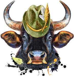 带飞溅的蒂罗尔绿帽黑色强大公牛的水彩插图背景图片