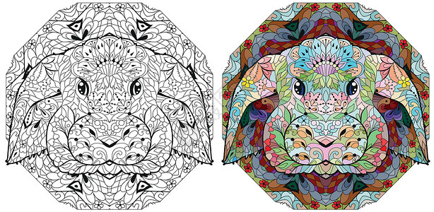 可妮兔Zentangle 兔头与曼荼罗 着色素的手绘装饰矢量图荒野收藏妮兔纠纷哺乳动物动物纪念品插图印刷十二生肖插画