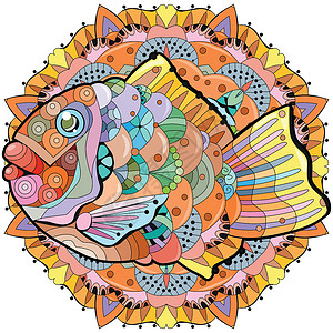 瓷晶装饰画曼陀罗上可爱的涂鸦 Taiyaki 鱼面包元素 在白色背景上被隔离插画