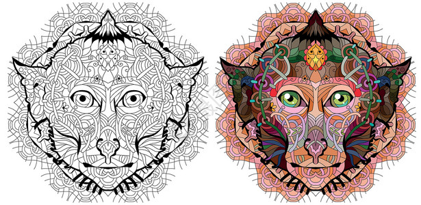 猕猴头Zentangle 猴子头与曼荼罗 着色素的手绘装饰矢量图纠纷宠物禅绕绘画十二生肖图腾猕猴印刷艺术纪念品插画