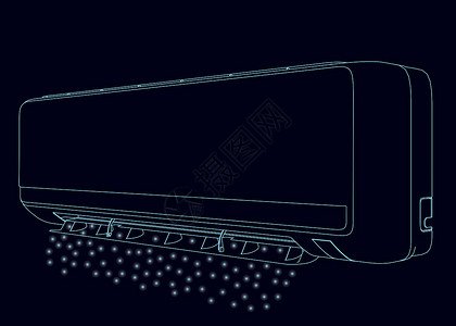 除湿机壁挂式空调的轮廓 从深色背景上孤立的蓝色线条中发出发光的灯光 它制作图案矢量插画