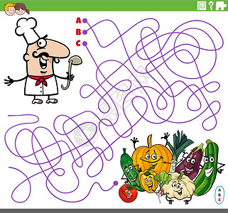 迷宫卡通与卡通厨师和蔬菜的迷宫游戏设计图片