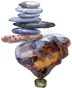 扁平画铃铛一堆扁平鹅卵石的水彩画岩石石头矿物大理石卵石冥想平衡水彩热带绘画背景