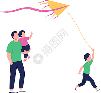 平面风筝与家庭平面彩色矢量不露面人物一起在户外度过夏日时光插画