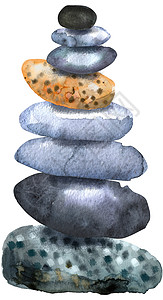 扁平画铃铛一堆扁平鹅卵石的水彩画绘画岩石专注矿物温泉卵石水彩插图大理石冥想背景