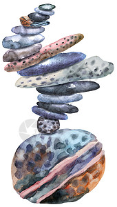 扁平画铃铛一堆扁平鹅卵石的水彩画刷子石头大理石矿物岩石专注绘画水彩热带插图背景