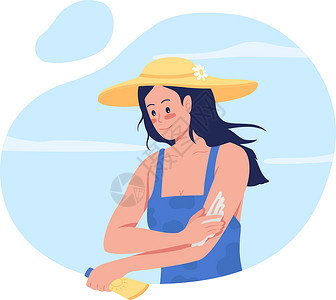 背部涂抹防晒女孩在手臂上涂抹防晒霜 2D 矢量隔离它制作图案插画