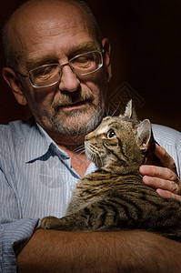 成年男人和猫咪在一起灰色男性黑色小猫乐趣宠物动物成人眼镜胡须背景图片