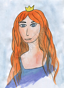 漂亮的公主 手绘水彩颜料肖像艺术女士黑与白蓝色绘画头发水彩画插图女性橙子背景图片