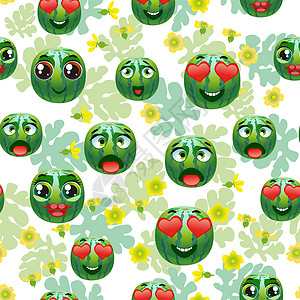 可爱的无缝图案与卡通 emoji 蔬菜墙纸微笑花朵种植园食物插图包装纺织品季节叶子背景图片
