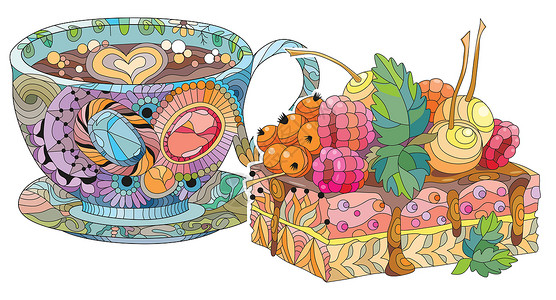 调茶师带蛋糕和抽象装饰品的矢量咖啡或茶杯打印染色艺术植物学糕点沉思压力调色师浆果甜点插画