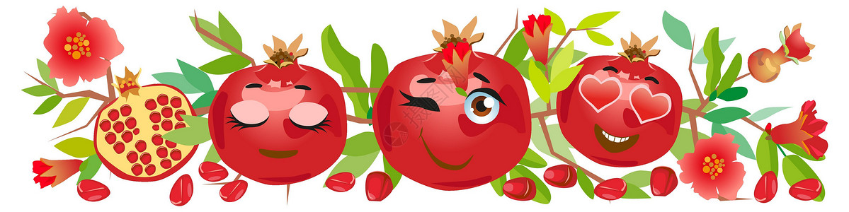 甜石榴石边框 可爱的卡通表情符号水果背景图片