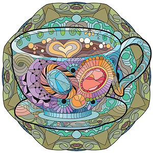 调茶师带抽象装饰品的矢量咖啡或茶杯早餐涂鸦艺术调色师植物学禅绕压力沉思时间杯子插画