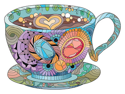 评茶师带抽象装饰品的矢量咖啡或茶杯涂鸦墙纸艺术植物学插图成人打印禅绕时间调色师插画
