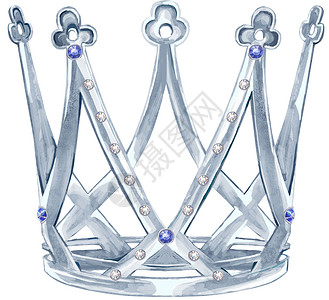 皇冠插图有宝石的水彩银皇冠公主卡片国王王国叉子卡通片打印艺术版税蓝宝石插图背景