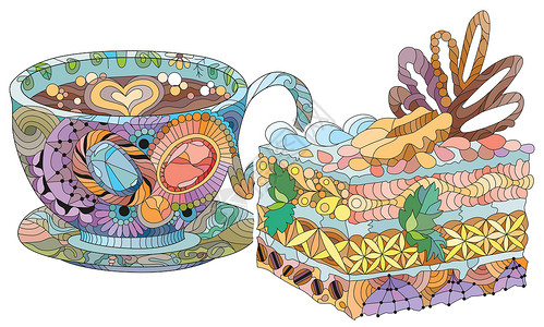 调茶师带蛋糕和抽象装饰品的矢量咖啡或茶杯植物学压力甜点打印插图早餐沉思调色师艺术杯子插画