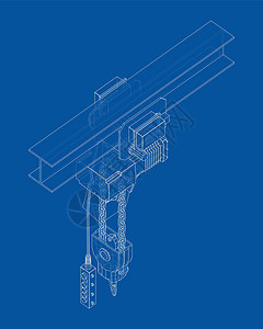 修理店绞车或起重机械概念大纲 韦克托帮手乐器机器绘画草图自动化绞盘蓝图等距高架插画